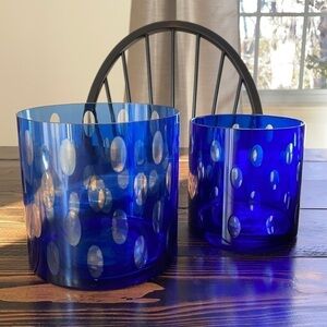 VTG Cut Clear Cobalt Blue Flat Bottom Vases  For Pair- Different Sizes